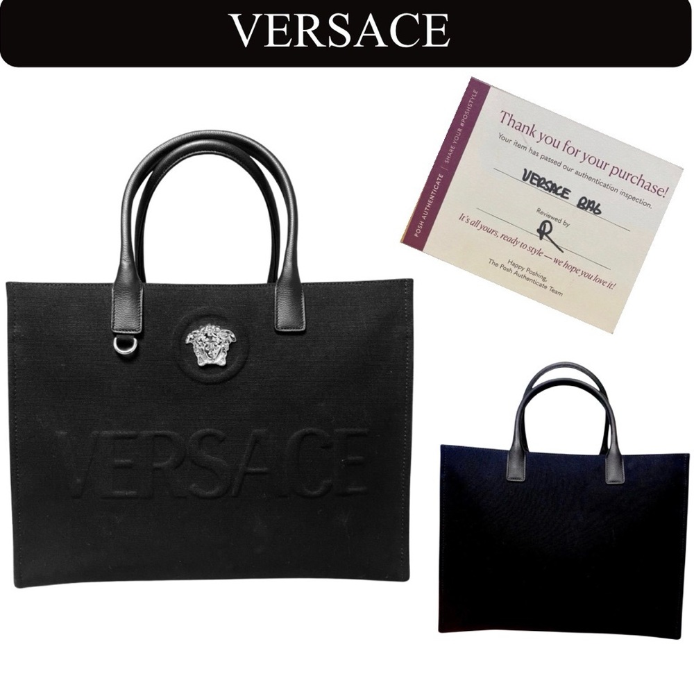 VERSACE Black Large Tote Bag w/Silver Medusa and Branded Dust Bag, EUC